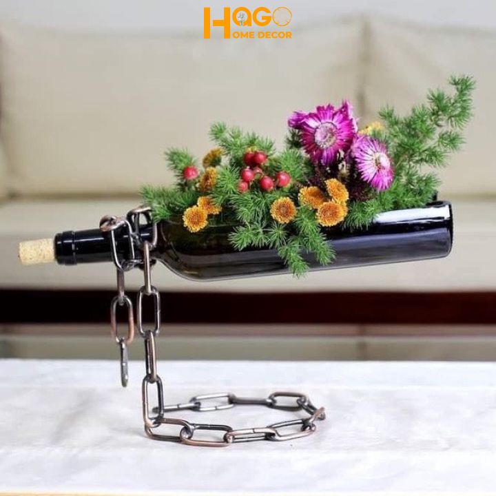 Bình hoa, lọ hoa thủy tinh hình chai kèm dây xích, lọ hoa bay trang trí, decor độc đáo