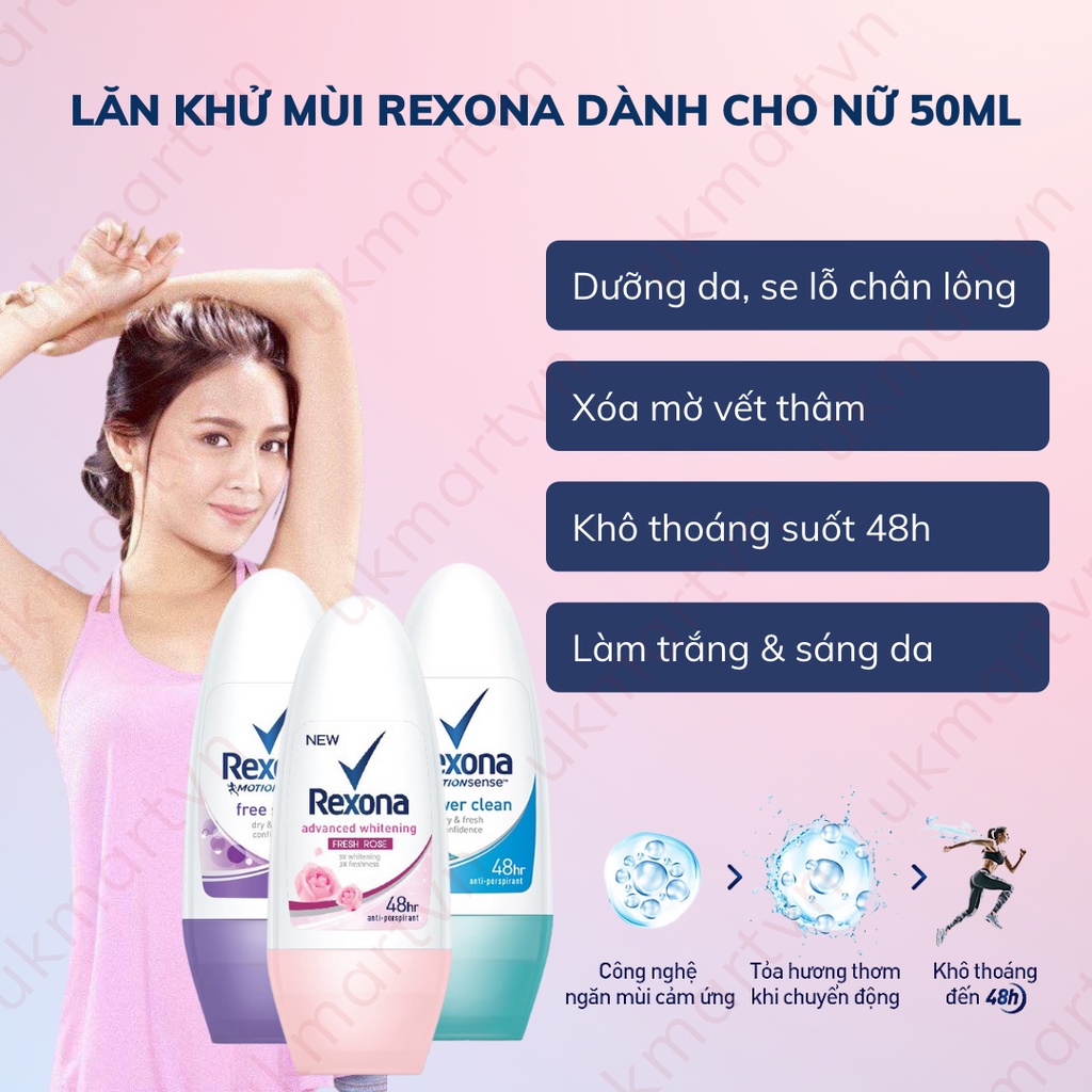 Lăn Khử Mùi Rexona Khô Thoáng Tối Ưu Dưỡng Sáng Tự Nhiên Mát Lạnh Sảng Khoái Dành Cho Nữ 50ml