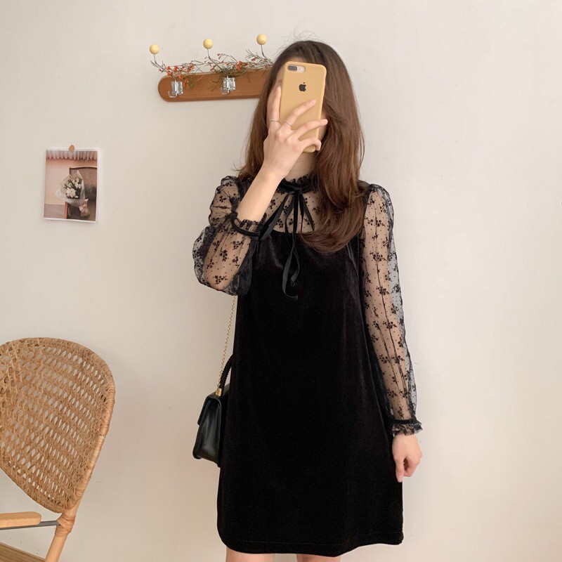 Váy xuông nhung cổ xếp nơ/Holiday item