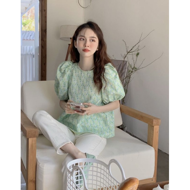 Áo Babydoll Vải Nhăn Tay Bồng Bo Chun Nơ Xinh Xắn Phong Cách Retro ❤️