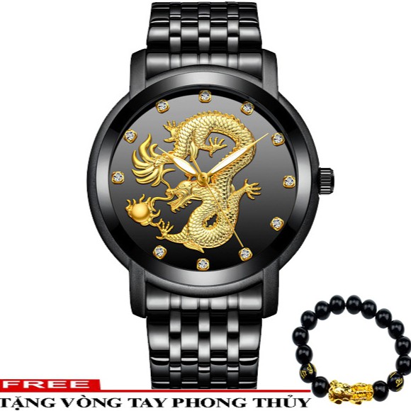 Đồng hồ nam mặt chạm rồng BIDEN B2045 day hợp kim thép không gỉ cao cấp + Tặng vòng tay tỳ hưu