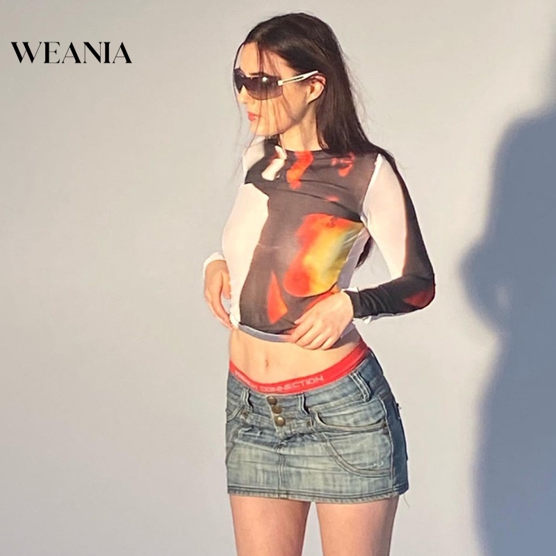 Áo Croptop Tay Dài Xuyên Thấu Hoạ Tiết In Thiết Kế Quyến Rũ