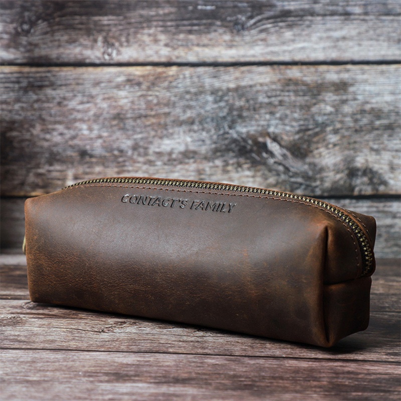 Túi Đựng Bút Bằng Da Bò Thật Có Khóa Kéo Phong Cách Vintage