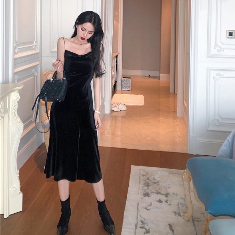 Đầm hai dây cổ đổ váy body nhung cột nơ 🖤