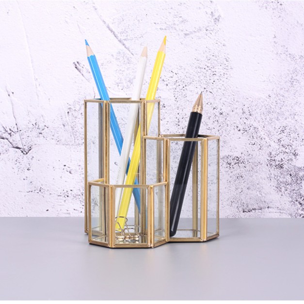 SUPO DEPOT - Giá Đỡ Cọ Trang Điểm Để Bàn Có 3 Ngăn Thép Và Acrylic - Màu Vàng