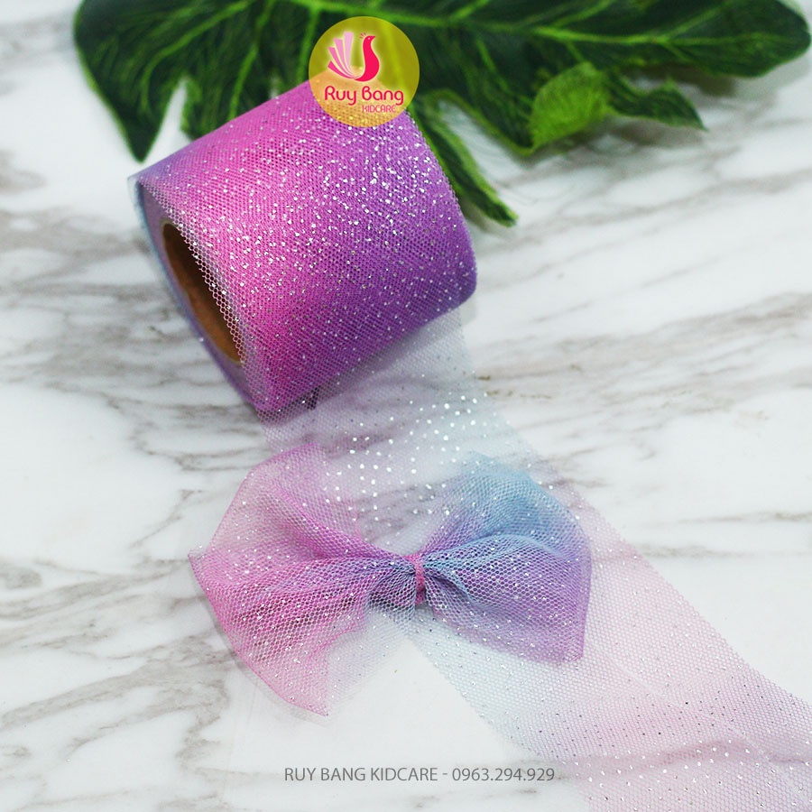 Ruy băng voan lưới phủ nhũ cầu vồng rộng 6cm