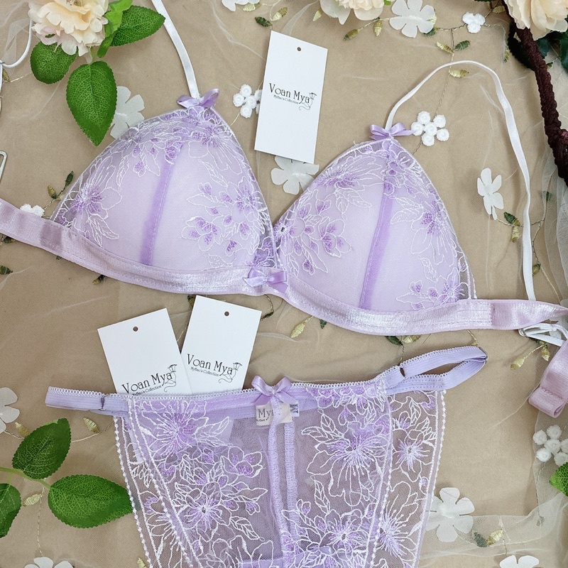 Set Fluer Tím dễ thương - Áo ngực áo bra mút tam giác có nâng không gọng Voan Mya Bralette