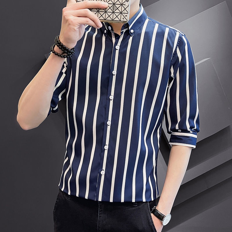 Áo Sơ Mi Lụa Lạnh Kẻ Sọc Dọc Thời Trang Xuân Hè Phong Cách Hàn Quốc Cho Nam