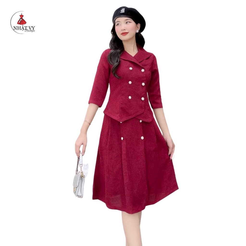 Set Vest NHẬT VY Chân Váy Phối Áo Cổ Sơ Mi Tay Lửng Chất Dạ Đi Tiệc Màu Đỏ, Kem - D2222