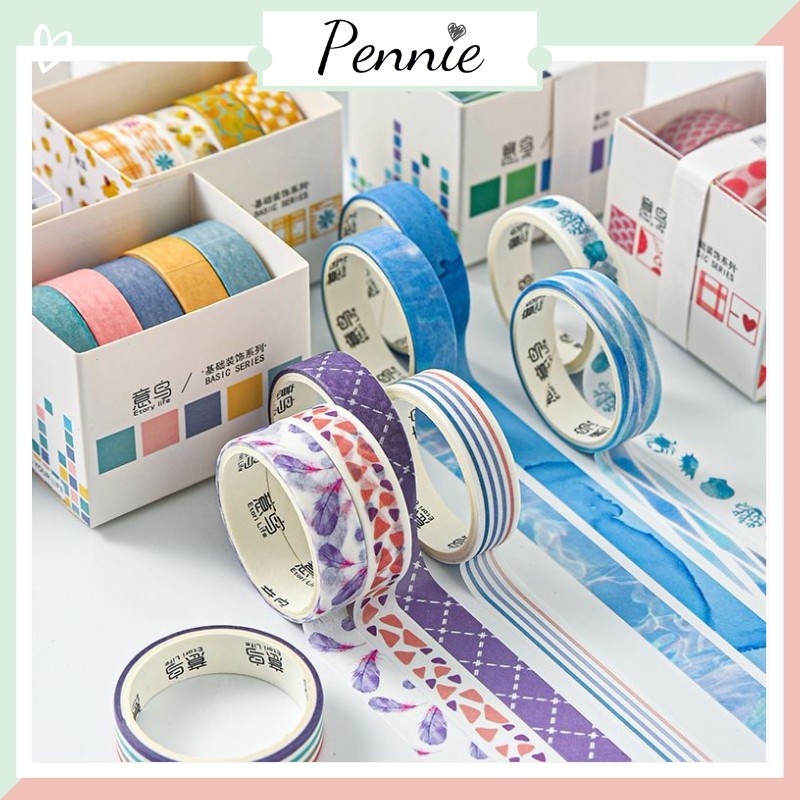 Washi tape Pennie set 5 cuộn dùng trang trí sổ tay planner decor bullet journal nhiều mẫu