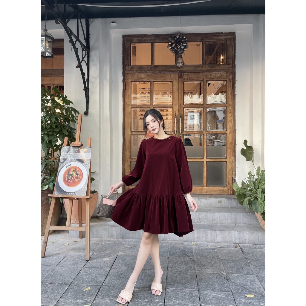 Váy babydoll tay bồng chất nhung đuôi cá dáng rộng đỏ đen - Đầm công chúa nhung mịn cổ tròn bầu bí mặc đẹp