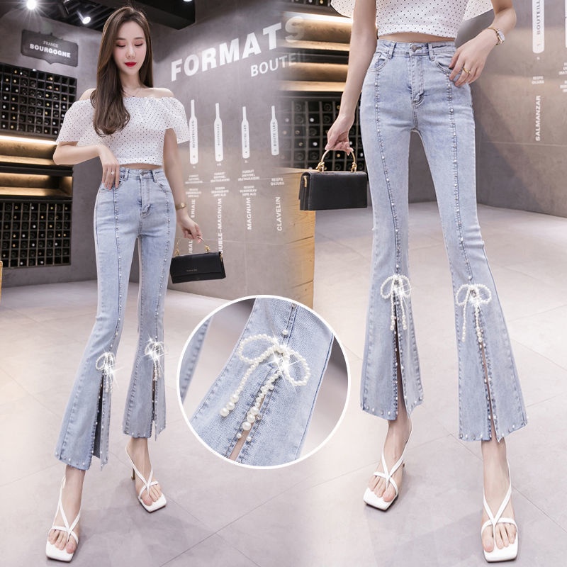 Quần Jean Ống Loe Xẻ Tà Cạp Cao Ôm Dáng Đính Hạt Cườm Công Nghiệp Mới Cho Nữ