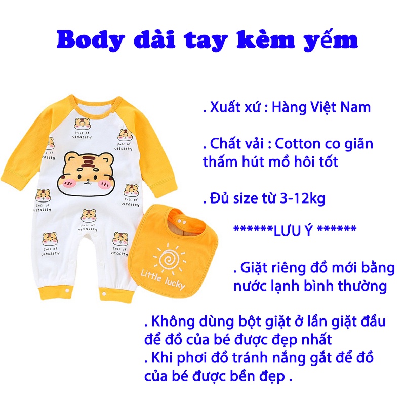 Body dài tay kèm yếm cho bé trai, bé gái, bodysuit liền thân chất cotton co giãn nhẹ, hàng Việt Nam _ BD44