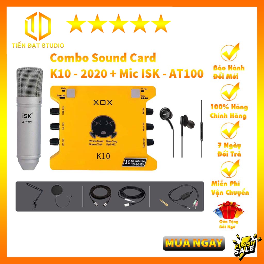 Combo Bộ Thu Âm Livestream Sound Card XOX K10 bản 2020 Và Mic ISK AT100 Hoa Vinh Cao Cấp Hát Cực Hay