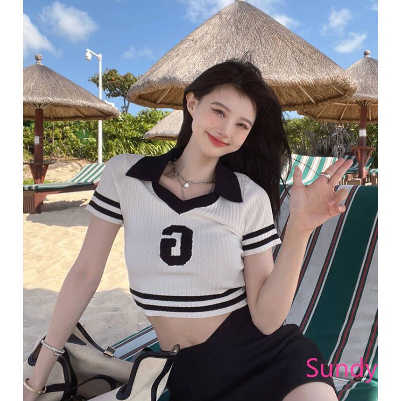 Áo Croptop Dệt Kim Cổ Polo Kẻ Sọc In Chữ Thời Trang Mùa Hè Cho Nữ