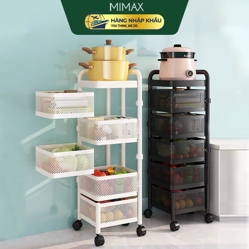 Kệ xoay vuông đựng rau củ hoa quả 5 BÁNH XE thông minh đa năng nhà bếp MIMAX KDN19, 3 4 5 tầng thép carbon không rỉ