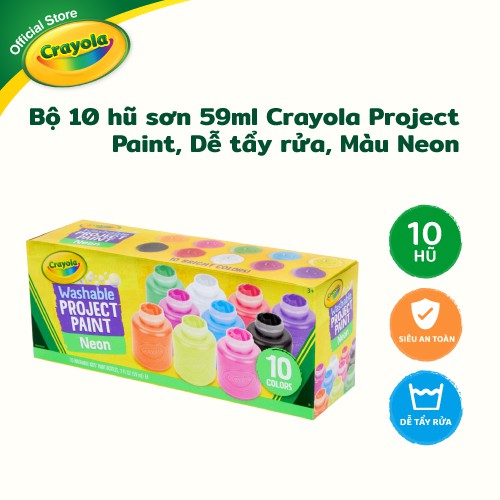 Bộ 10 hũ sơn 59ml Crayola Dễ tẩy rửa Màu Neon, Project Paint - 542390