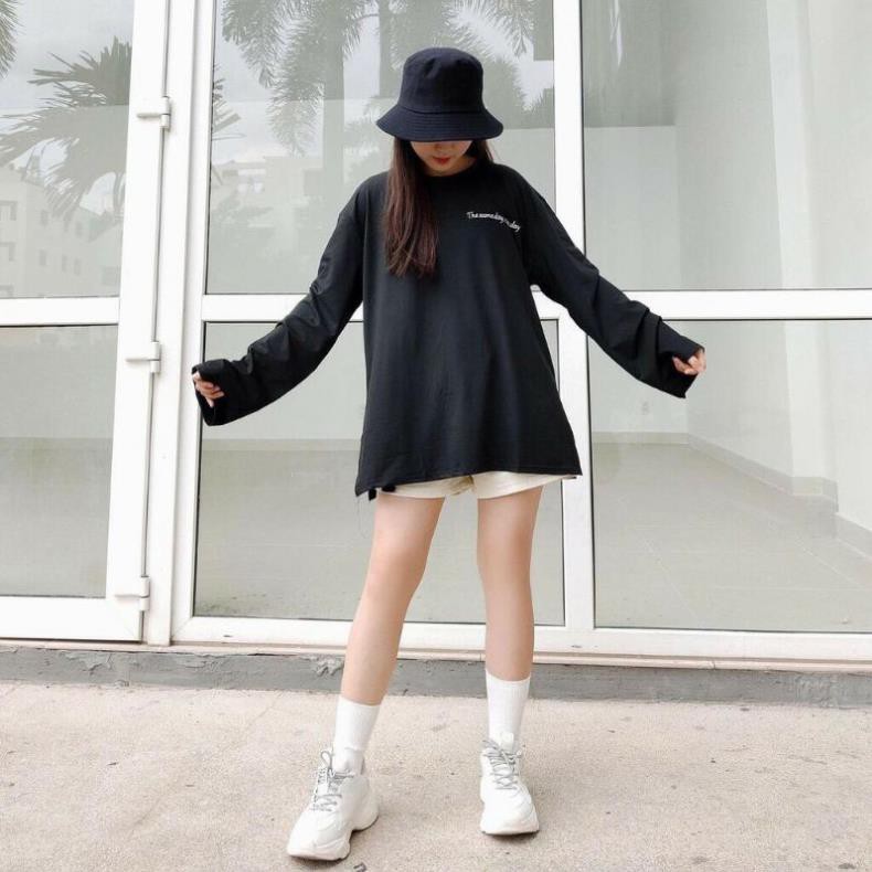 [GIÁ SỐC] Áo Thun Tay Dài NICEDAY Form Rộng Nữ - Thun Trơn Cổ Tròn Oversize Dáng Suông Thêu Chữ Trắng Đen Ulzzang HOT ་