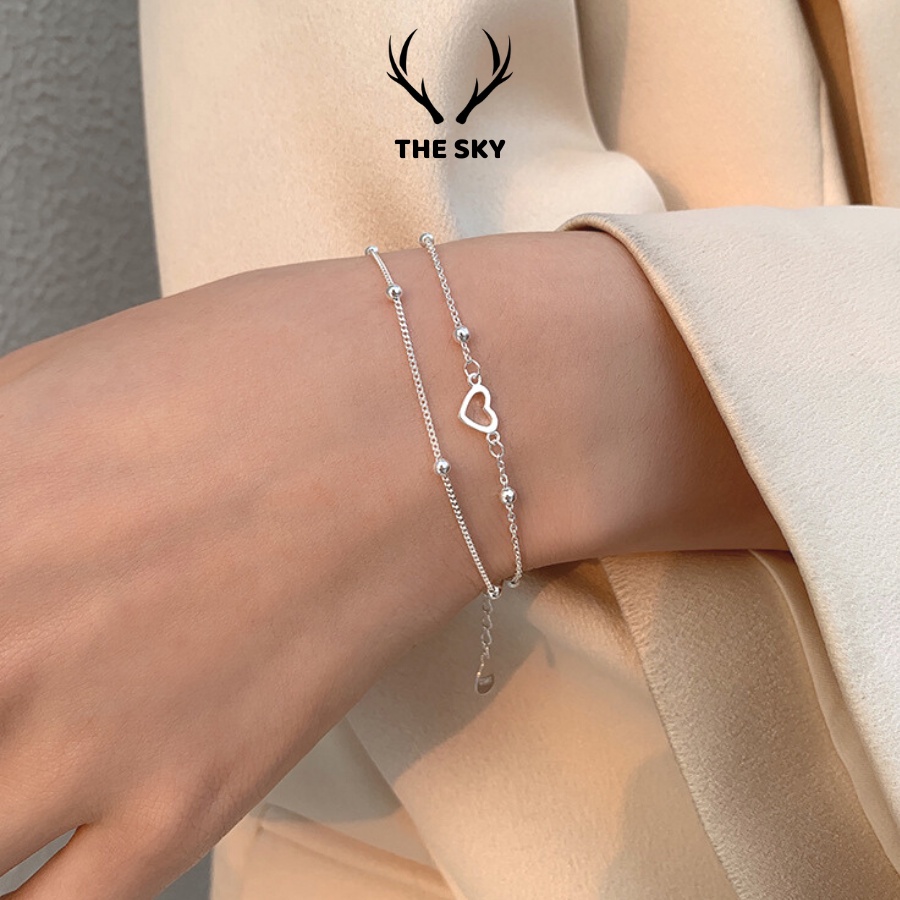 Vòng Tay Bạc Nữ THE SKY VT1022 Hai Dây Sợi Mảnh Kèm Mặt Hình Trái Tim