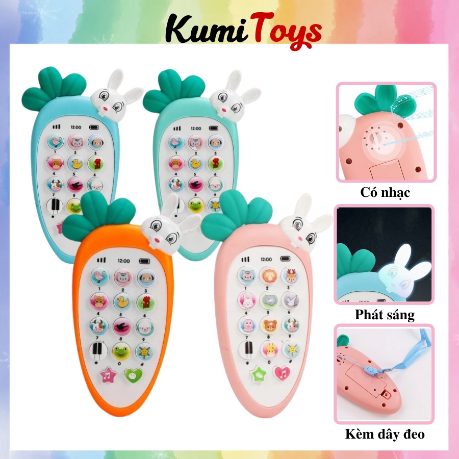 Điện thoại đồ chơi hình cà rốt thỏ đáng yêu, phát nhạc kèm pin và dây đeo cho bé - Đồ chơi thông minh Kumi toys