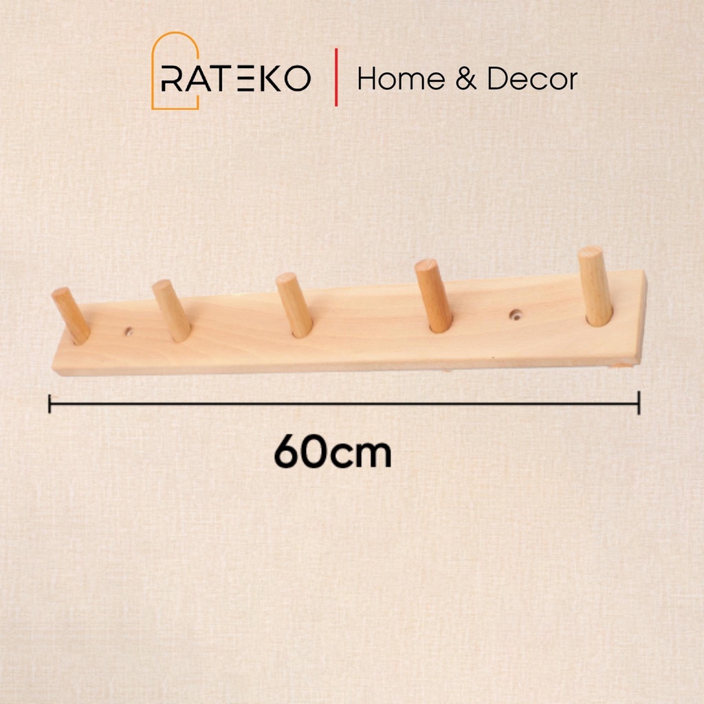 Móc gỗ gắn tường treo quần áo, thanh treo đồ đa năng RATEKO trang trí phòng ngủ, nhà tắm, nhà bếp ( Loại To 5 Móc )