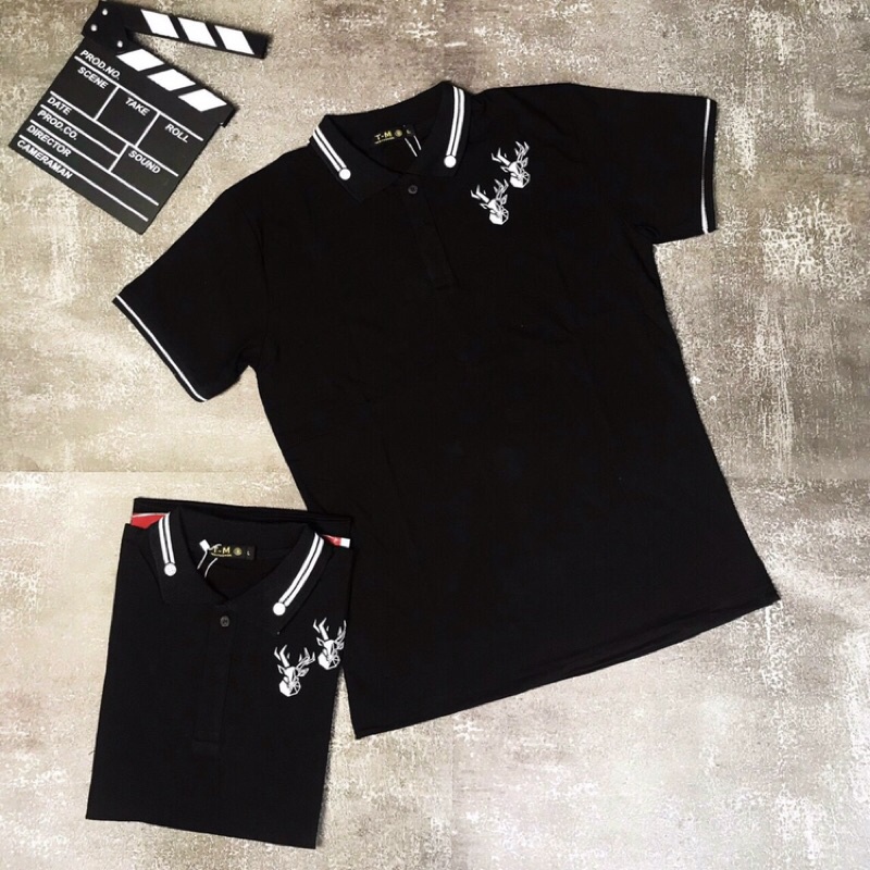 ( Hoko freeship ) Áo thun cổ trụ, Áo polo nam màu đen in hình hươu chất cotton đẹp mát