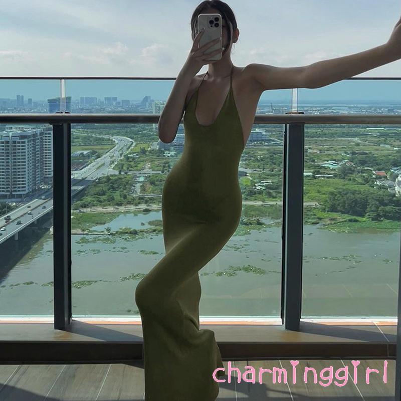 CHM-Women´s Sleeveless Halter Neck Dresses Solid Color Backless Tie-Up Bodycon One-Piece