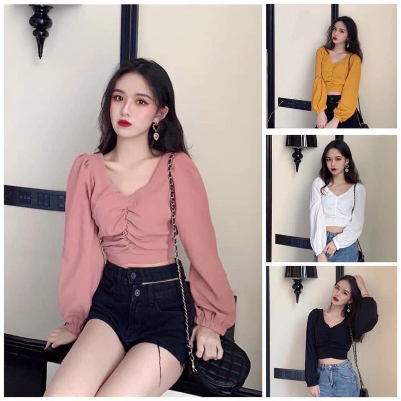 Áo kiểu cổ chữ V tay dài thiết kế quyến rũ