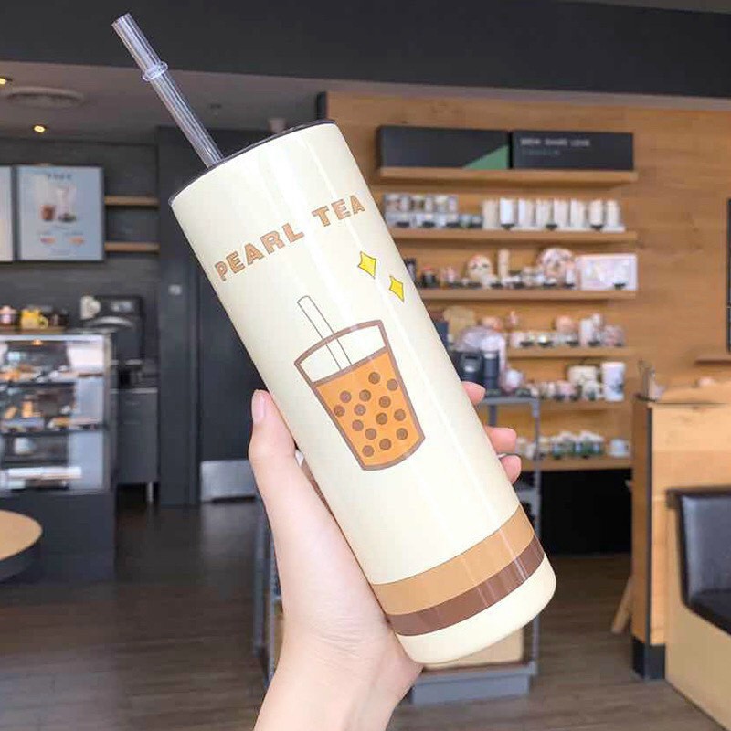 Bình nước hai lớp cách nhiệt kèm ống hút - Cốc inox kèm ống hút kiểu mới