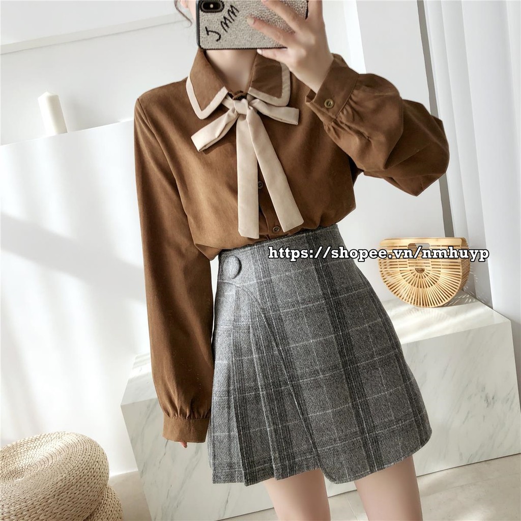 Áo sơ mi tay dài kèm nơ phong cách retro Hàn Quốc