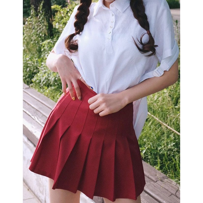 Chân váy xếp ly MIA, Chân váy tennis dáng ngắn xòe chữ A lưng cao, màu đỏ, có bigsize