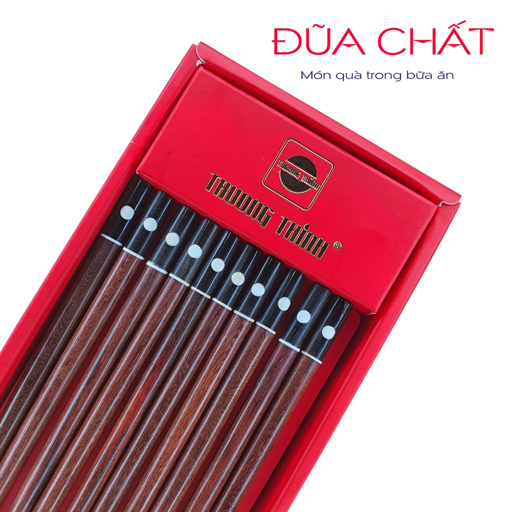 Đũa Gỗ Trắc Cao Cấp TRƯỜNG THỊNH Đầu Gắn Ngọc Chấm Bi - Hộp Màu Đỏ - 10 Đôi Tròn.