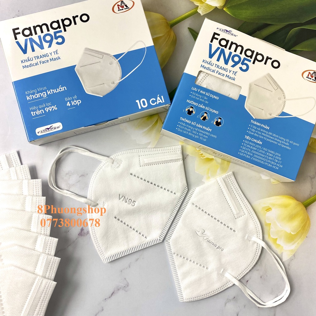 Khẩu trang y tế VN95 kháng khuẩn 4 lớp FAMAPRO Hộp 10 cái - 8 màu Trắng / Xám / Đen / Navy / Vàng / Hồng / Rêu
