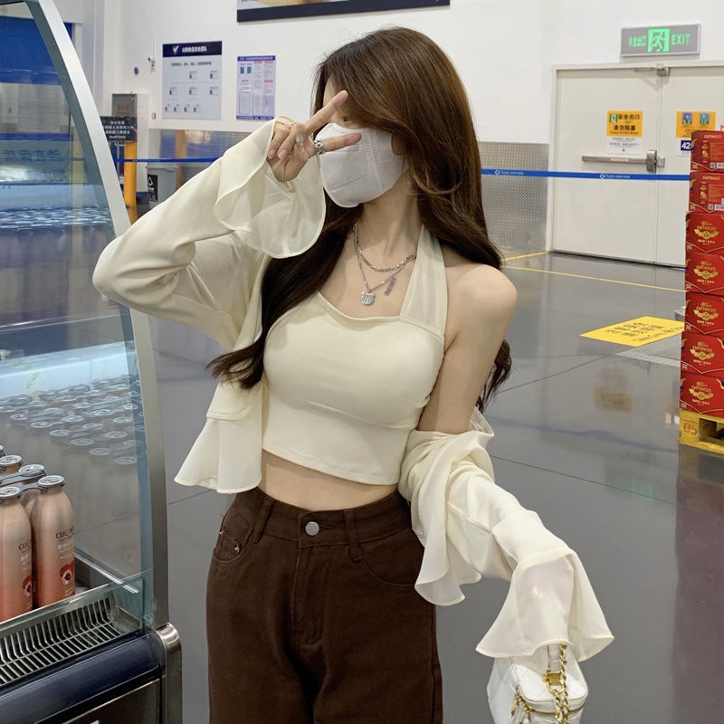 Set áo hai dây dáng ngắn + áo khoác cardigan COZOKC dài tay thời trang cho nữ