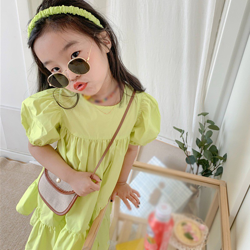 Đầm Nữ Ngắn Tay Cổ Tròn Màu Trơn Ngọt Ngào