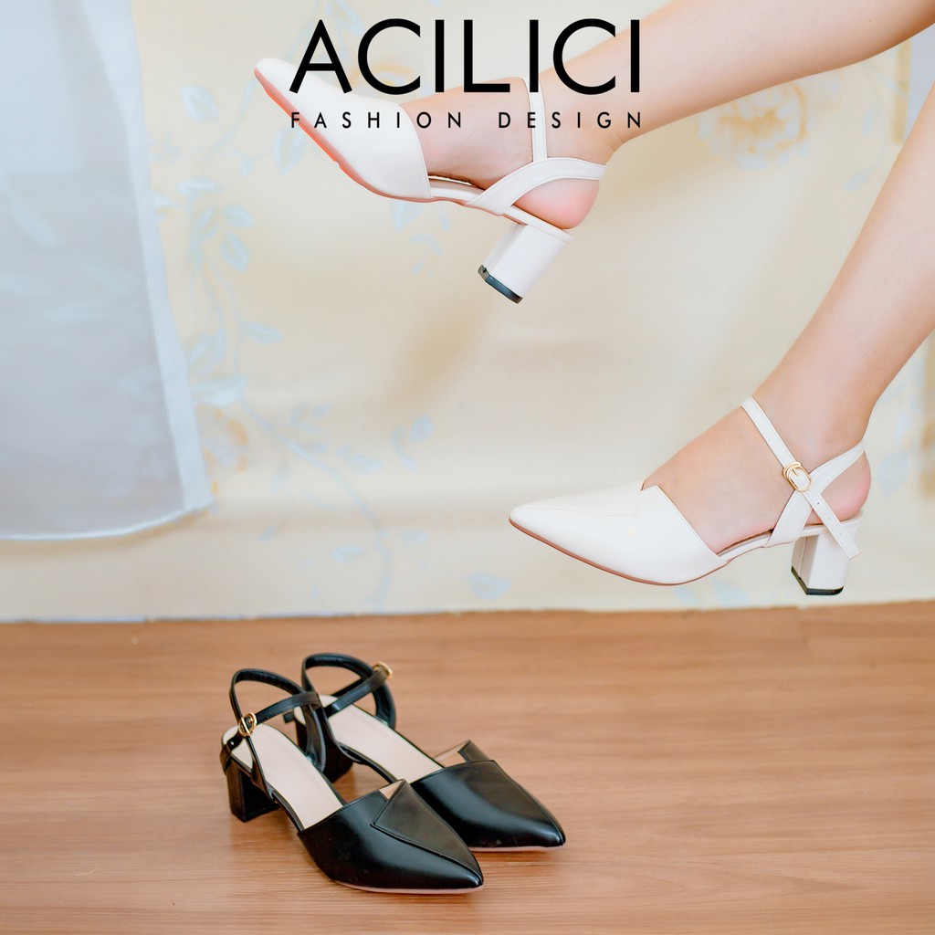 Giày sandal ACILICI nữ, giày cao gót  mũi nhọn đế vuông cao 5p fom chuẩn size 35-40 màu kem_TC01