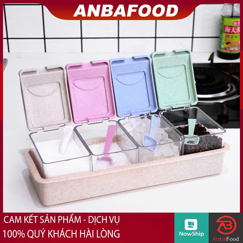 Set 4 Hũ Đựng Gia Vị Đẹp Có Kèm Thìa, muỗng Nhựa lúa mạch - Lọ Đựng gia vị nhà bếp thông minh