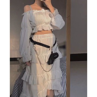 (Sẵn) Chân váy dài trắng xếp tầng Jennie trẻ trung xinh xắn