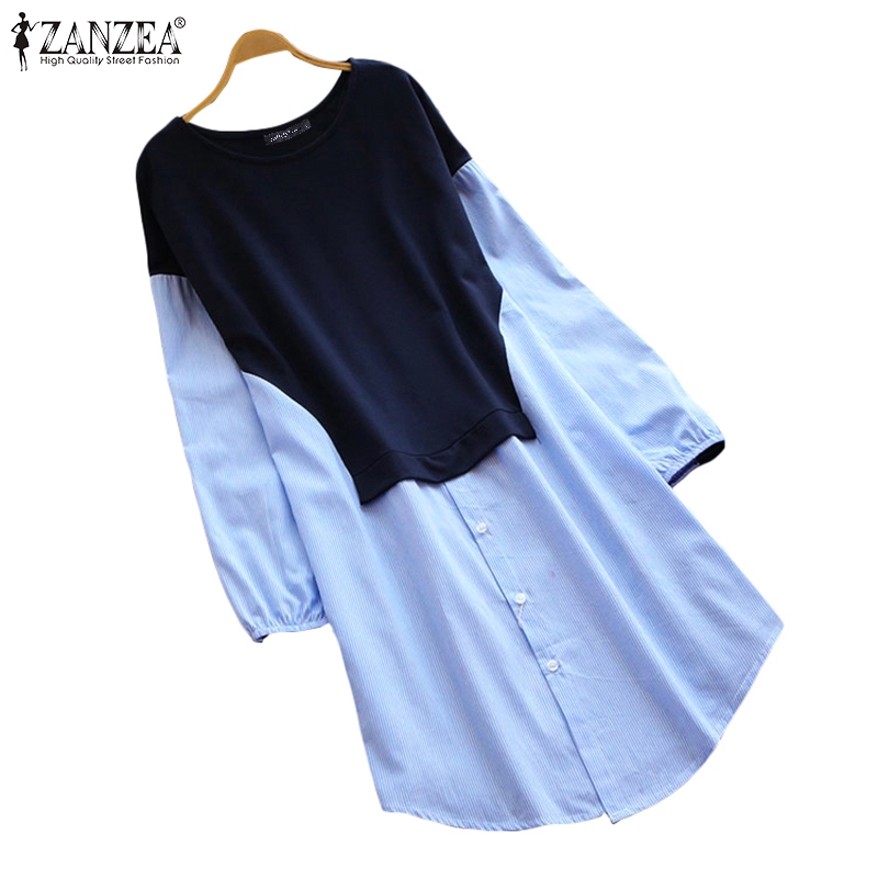 ZANZEA Đầm Sơ Mi Dài Tay Phối Họa Tiết Kẻ Sọc Thời Trang Dành Cho Nữ