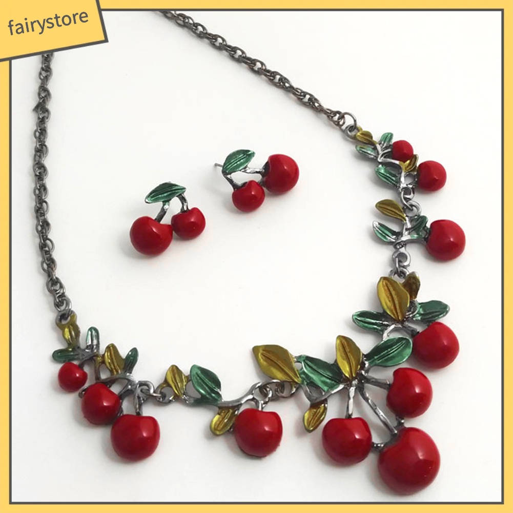 Set dây chuyền và đôi khuyên tai hình trái cherry đỏ thời trang cho nữ