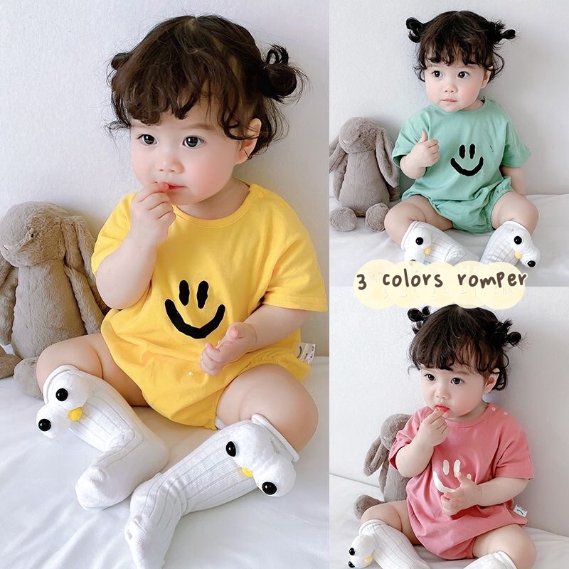 Jumpsuit Tay Ngắn Chất Cotton Hoạ Tiết Mặt Cười Cho Bé 0-3 Tuổi