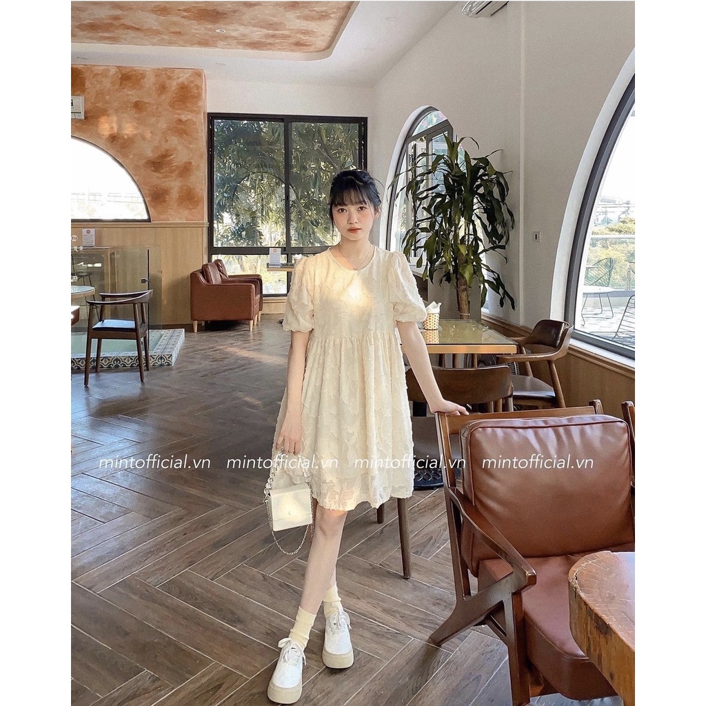 Váy babydoll ngọt ngào V.097, Váy kiểu nữ cổ tròn thắt dây nơ họa tiết ren 2 lớp màu be cực xinh - Thời trang nữ Chấm Bi | BigBuy360 - bigbuy360.vn