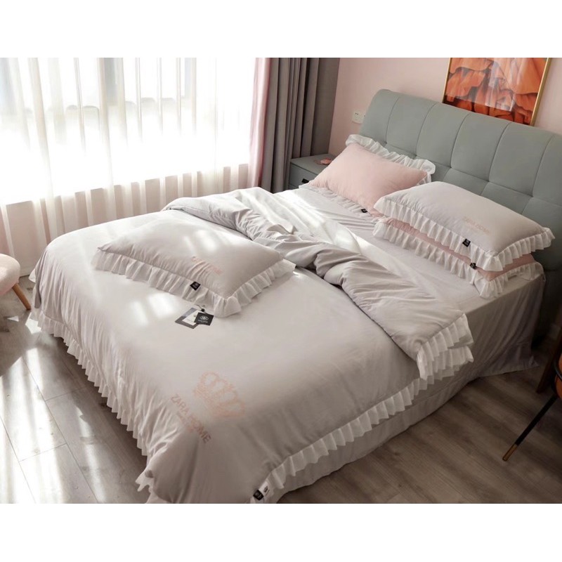 Bộ Chăn Ga Gối 4 chi tiết cotton đũi hoạt tính ĐƠN SẮC phối Viền Vèo ZARA HOME cách điệu -&gt;Mẫu Mới Nhất