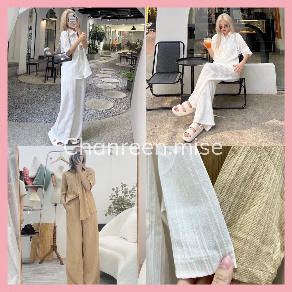 Sét 2 món đũi nhăn áo sơmi cộc tay cổ đức quần dài ống rộng suông cạp chun co dãn Quảng Châu CHANREEN [FREESHIP]