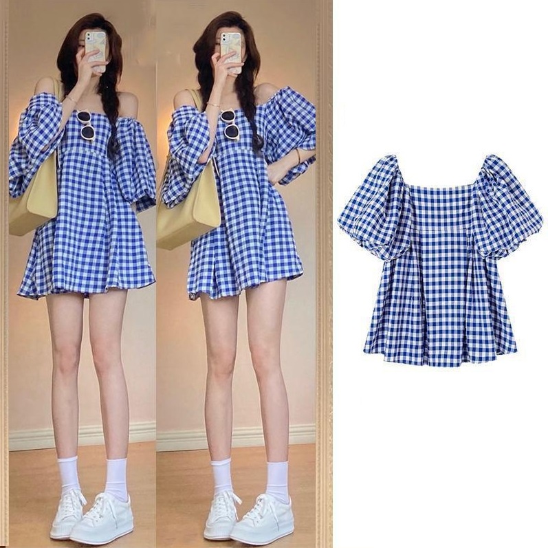 V024 Váy babydoll nữ tay bồng dáng cổ vuông caro dáng ngắn cute đáng yêu trẻ trung Đầm baby doll kẻ xanh ngắn tay nữ tín