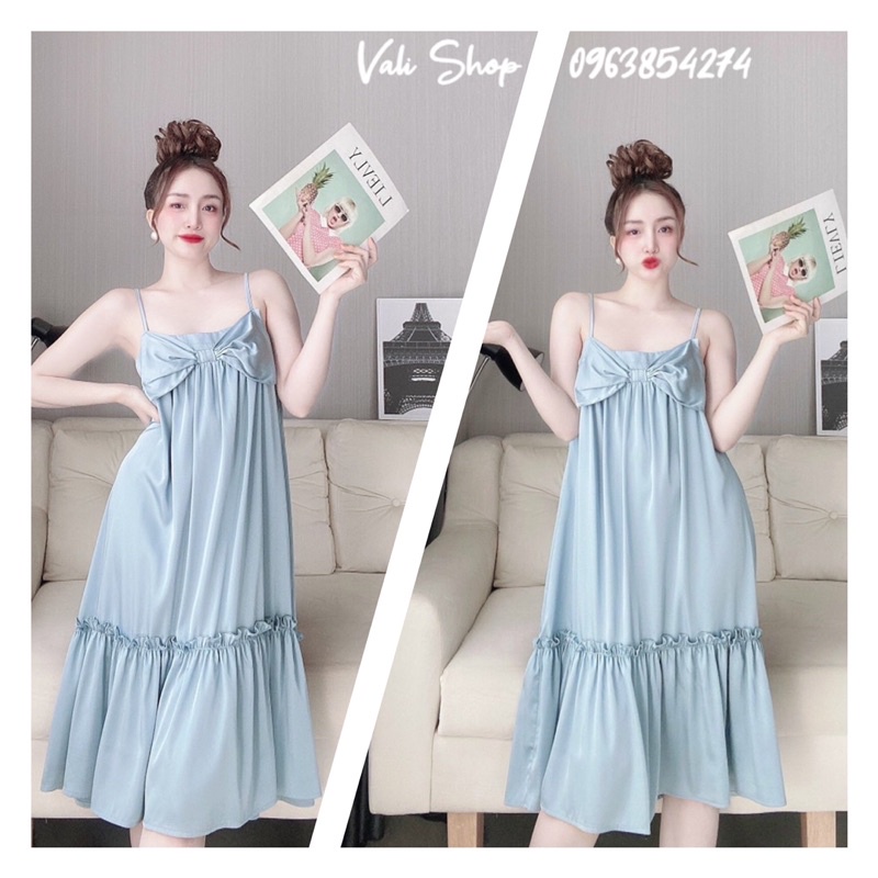 Váy ngủ lụa latin 2 dây màu trơn freesize 42-60kg