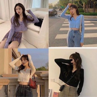 Áo Croptop Cardigan Dài Tay Nữ - Phông thun tăm cúc ngực dáng ngắn ôm body ulzzang màu ĐEN | TRẮNG | TÍM | XANH HOT