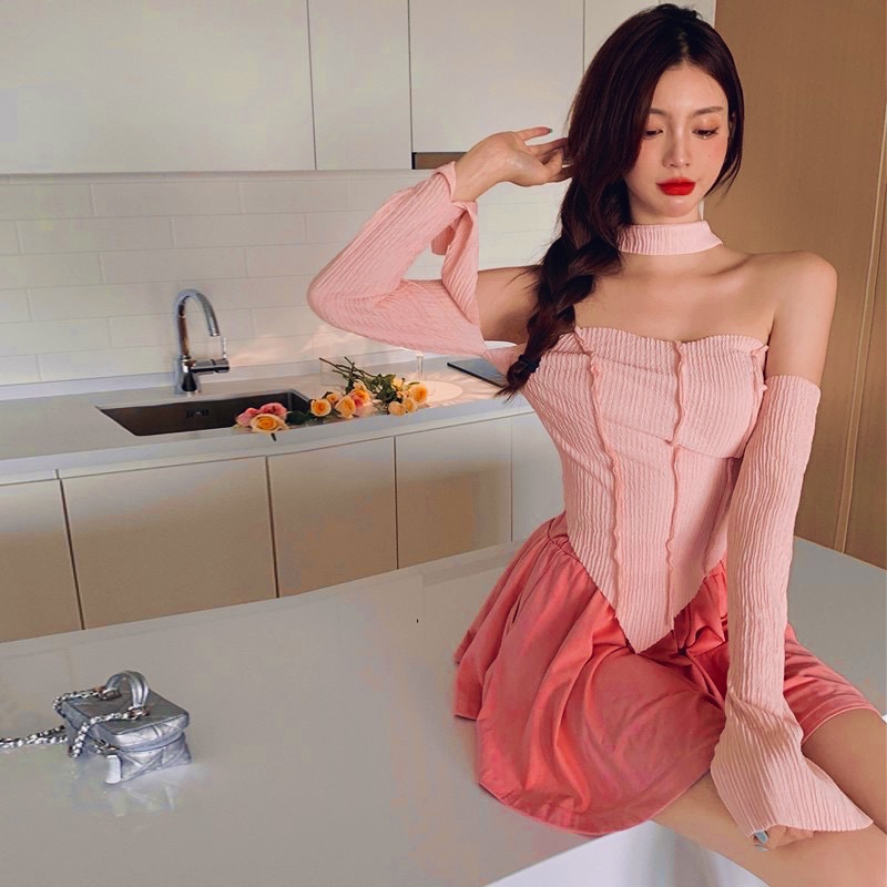 Áo kiểu lệch cổ tay dài TV1312 chất thun thái xịn/ Áo Dài Tay Dáng Ôm Xẻ Tà Phong Cách Hồng Kông