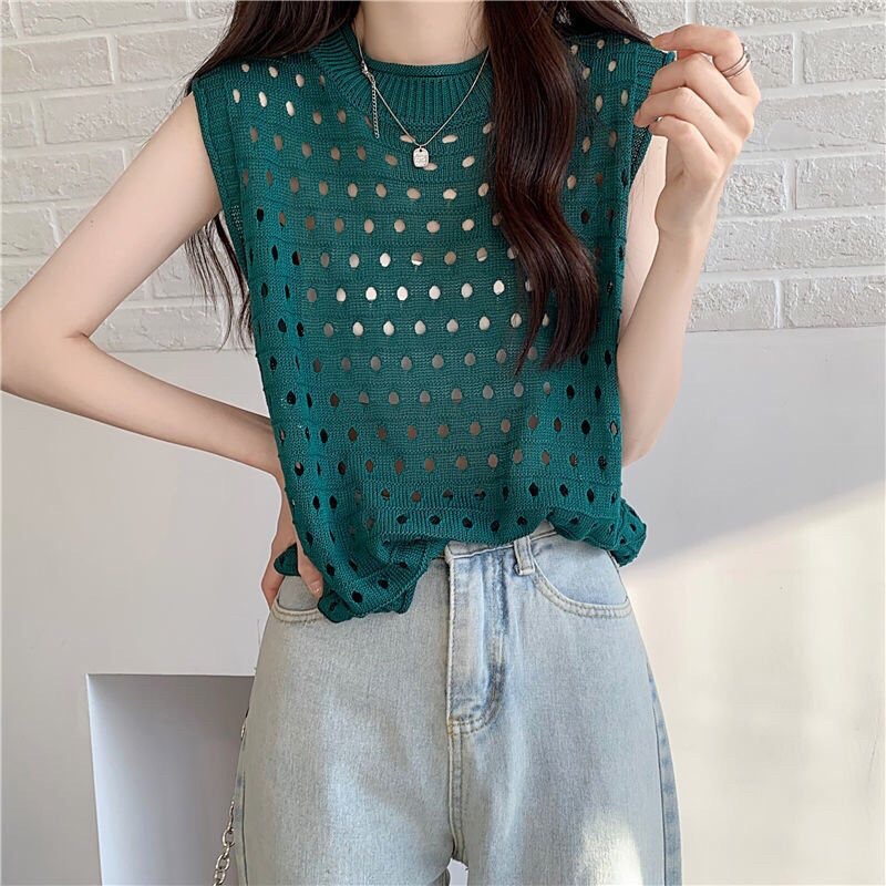 [HTSHOP]-Áo len đan ba lỗ kiểu lưới sexy phong cách retro HQ