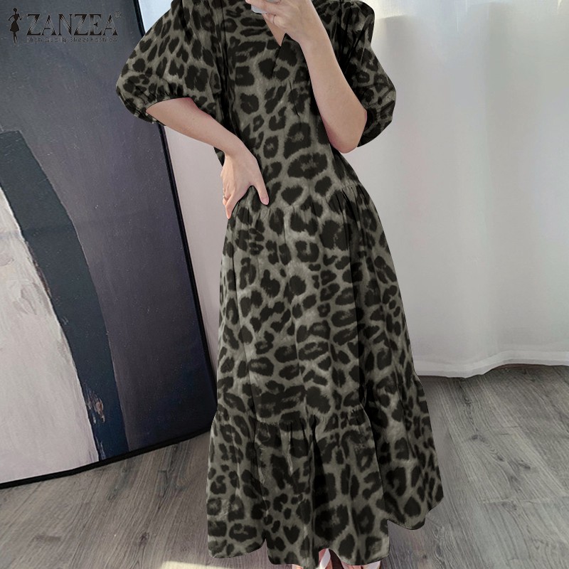 ZANZEA Đầm Maxi Tay Phồng Họa Tiết Da Báo Thời Trang Cho Nữ | BigBuy360 - bigbuy360.vn